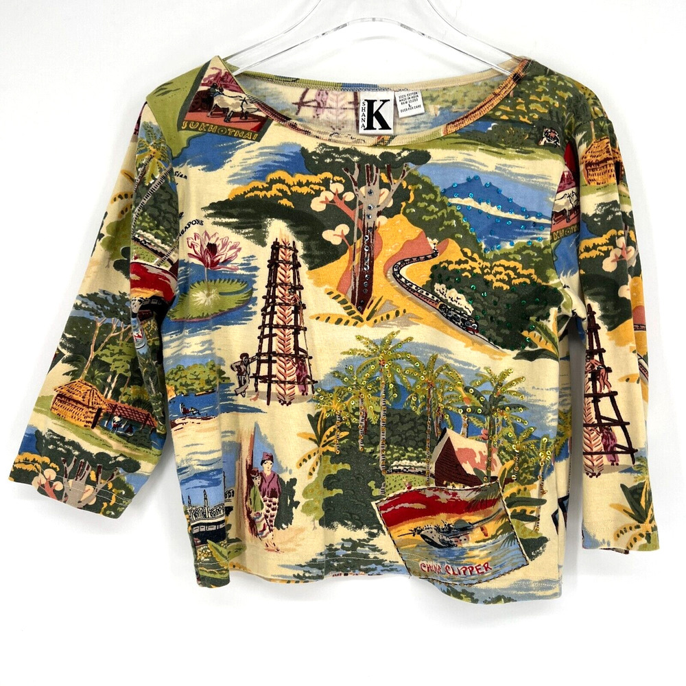 Vtg Shana K Top Womens L Y2K 90s Embellished City‎ Nature Sequin Asian Travel